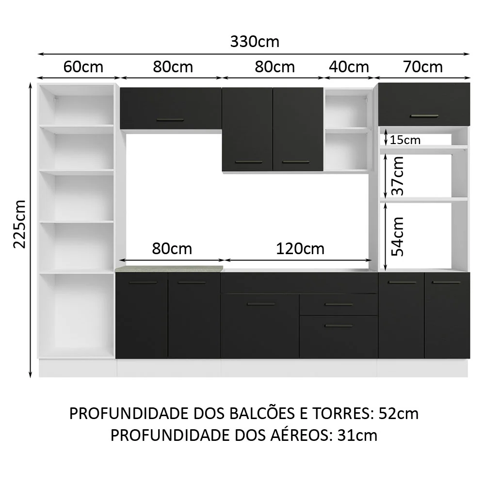 Armário de Cozinha Completa 330cm Branco/Preto Agata Madesa 02 - Image 3