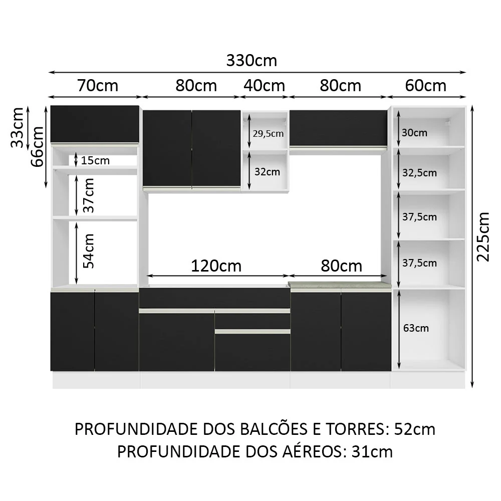 Armário de Cozinha Completa 330cm Branco/Preto Glamy Madesa 03 - Image 3