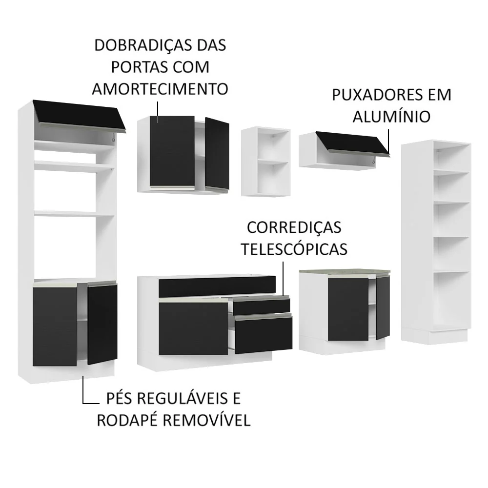 Armário de Cozinha Completa 330cm Branco/Preto Glamy Madesa 03 - Image 4