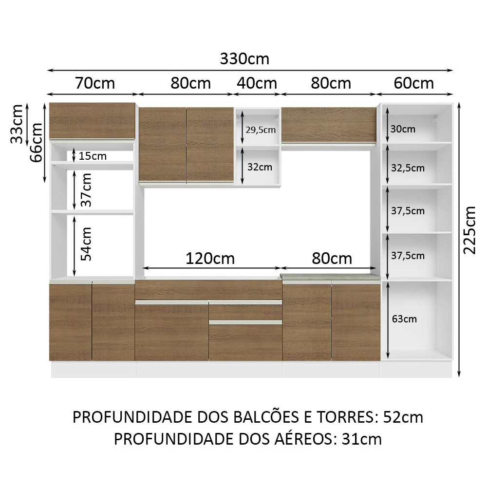 Armário de Cozinha Completa 330cm Branco/Rustic Glamy Madesa 03 - Image 3