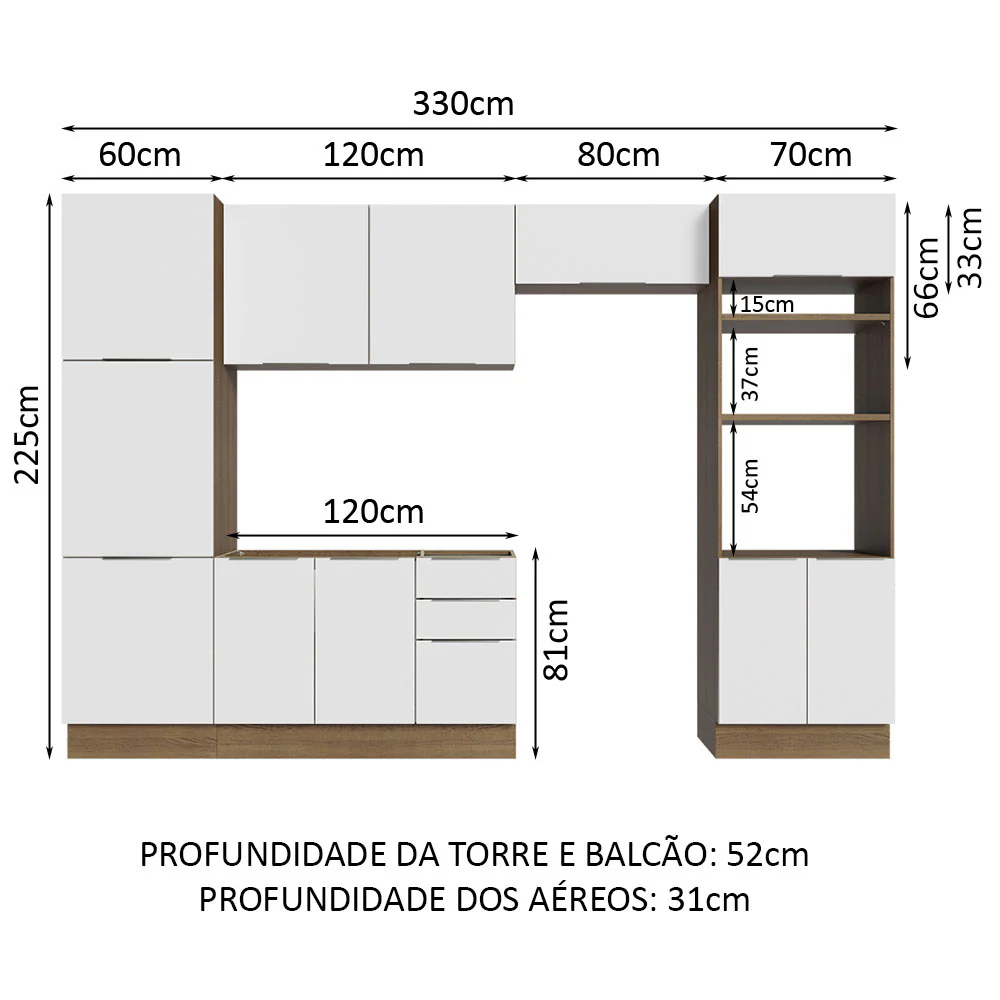 Armário de Cozinha Completa 330cm Rustic/Branco Stella Madesa 02 - Image 3