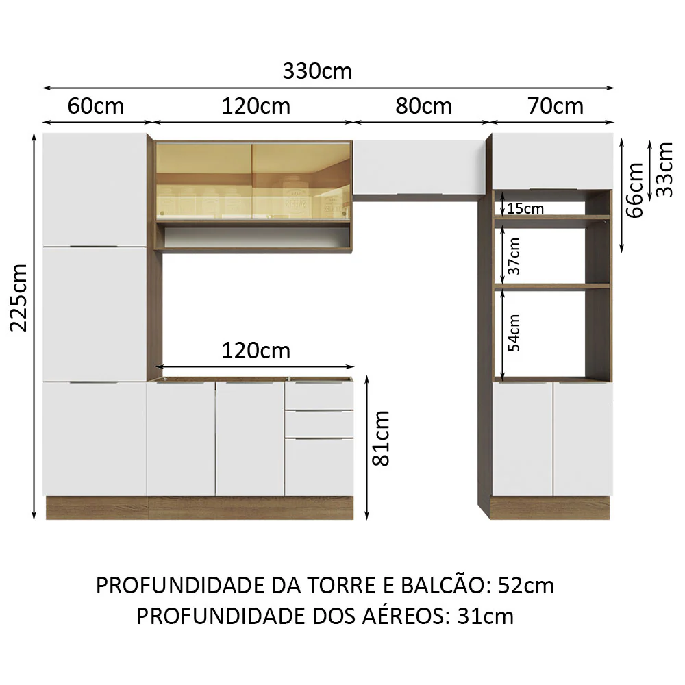 Armário de Cozinha Completa 330cm Rustic/Branco Stella Madesa 03 - Image 3