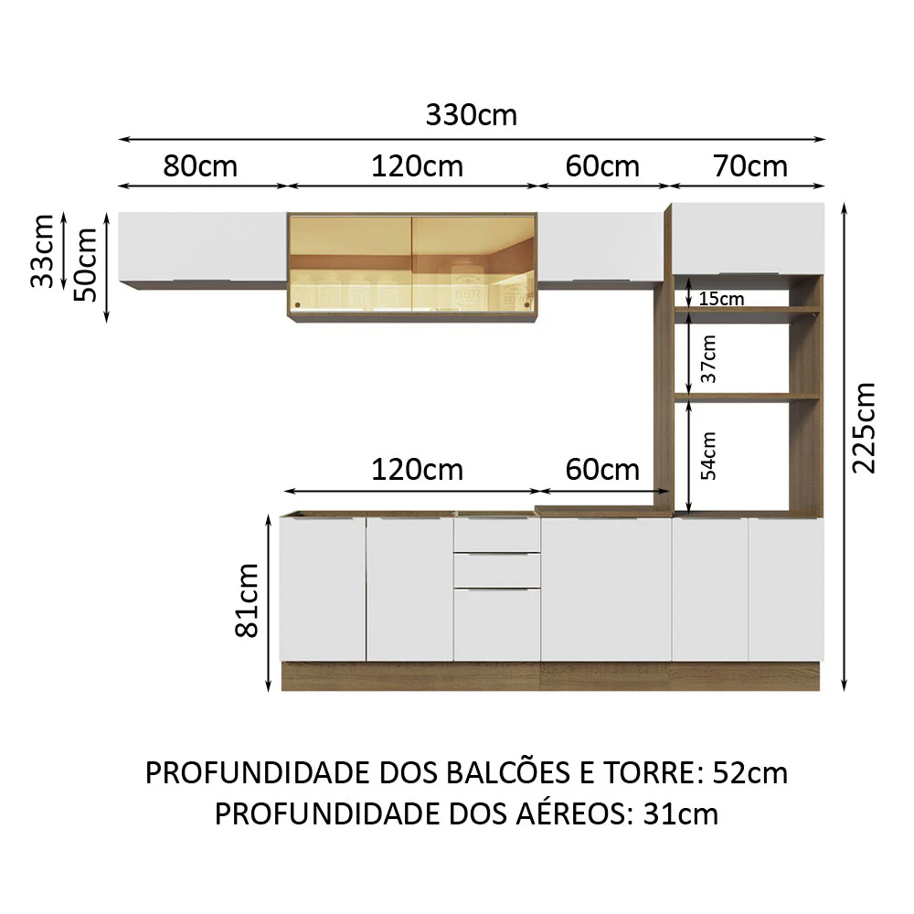 Armário de Cozinha Completa 330cm Rustic/Branco Stella Madesa 04 - Image 3