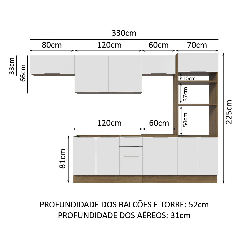 Armário de Cozinha Completa 330cm Rustic/Branco Stella Madesa 05 - Image 3