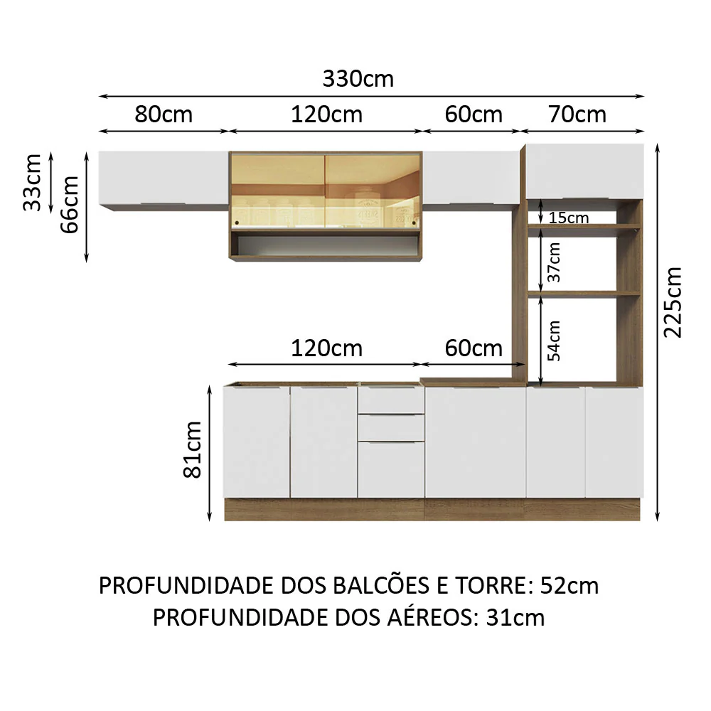 Armário de Cozinha Completa 330cm Rustic/Branco Stella Madesa 06 - Image 3