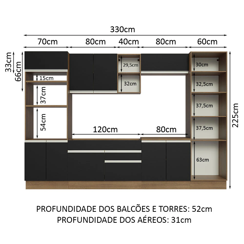 Armário de Cozinha Completa 330cm Rustic/Preto Glamy Madesa 03 - Image 3