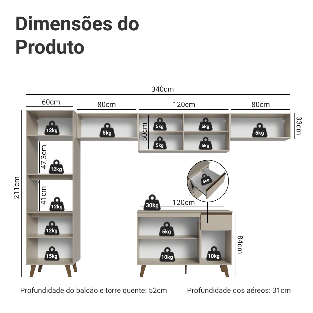 Armário de Cozinha Completa 340 cm Crema Nice Madesa 01 - Image 3