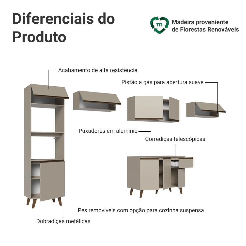 Armário de Cozinha Completa 340 cm Crema Nice Madesa 01 - Image 4