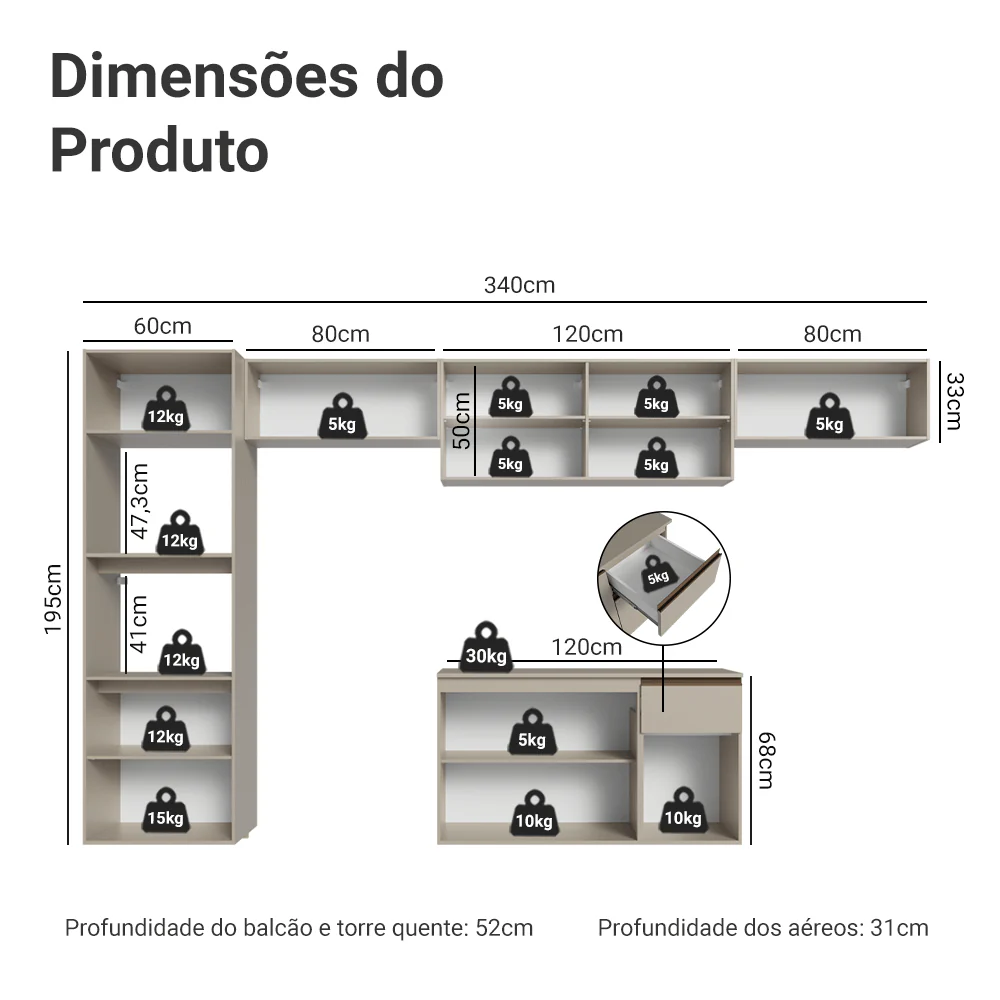 Armário de Cozinha Completa 340 cm Suspenso Crema Nice Madesa 02 - Image 3