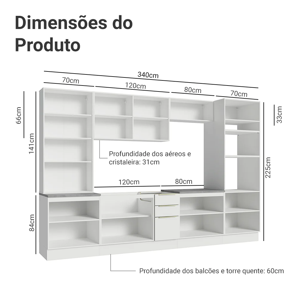 Armário de Cozinha Completa 340 x 60 cm Branco/Branco Veludo Lux Madesa 02 - Image 3