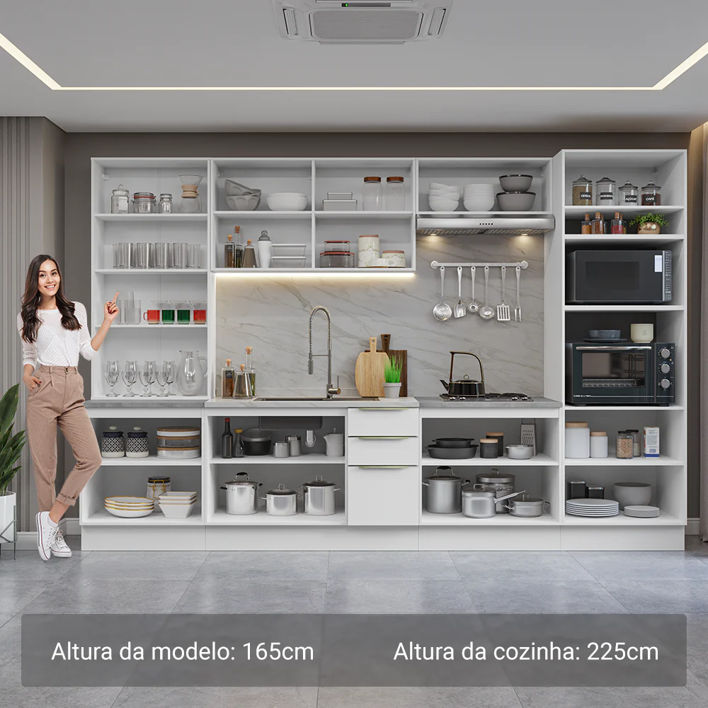 Armário de Cozinha Completa 340 x 60 cm Branco/Branco Veludo Lux Madesa 02 - Image 4