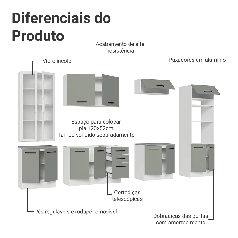 Armário de Cozinha Completa 340cm Branco/Cinza Agata Madesa 01 - Image 5