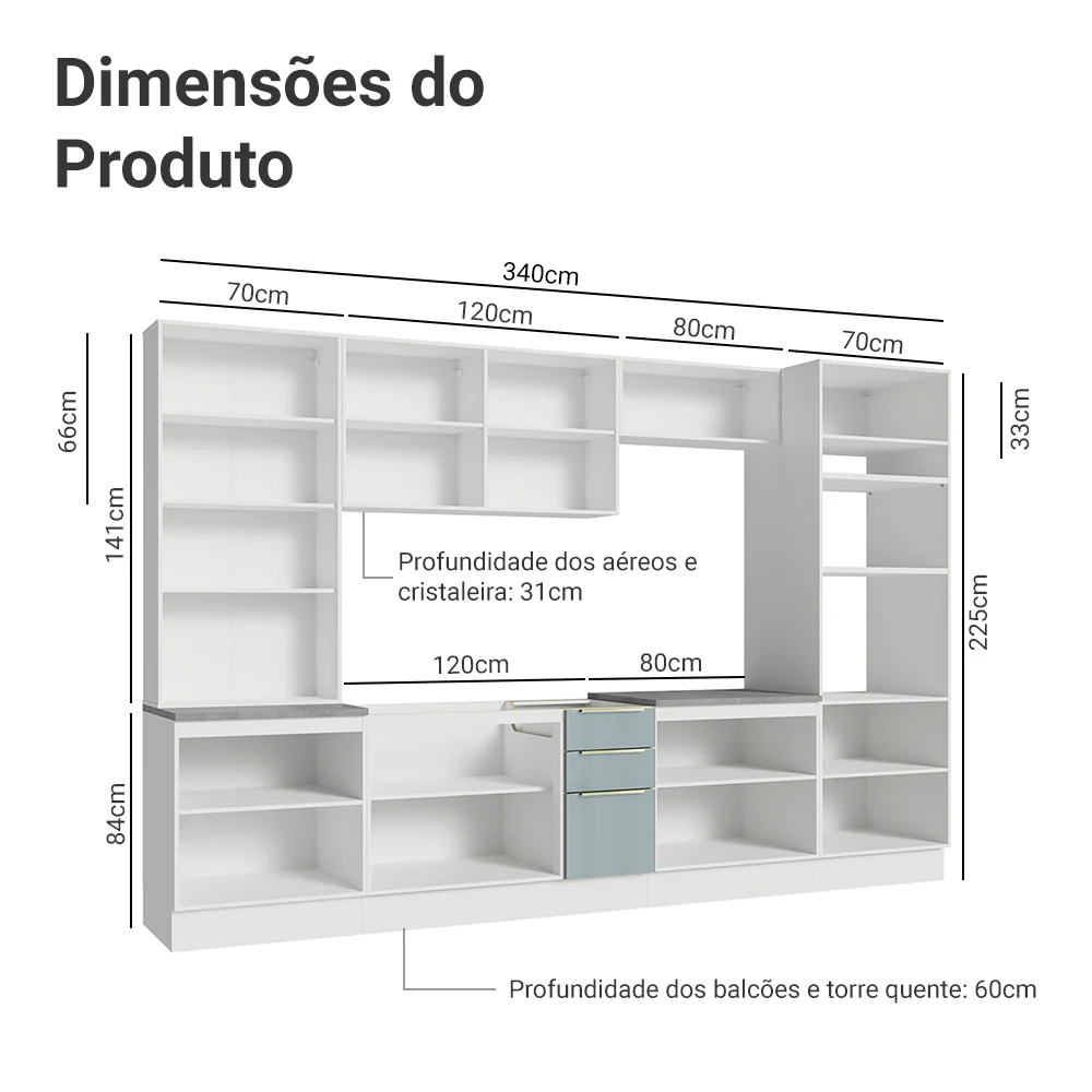 Armário de Cozinha Completa 340 x 60 cm Branco/Cinza Lux Madesa 02 - Image 3