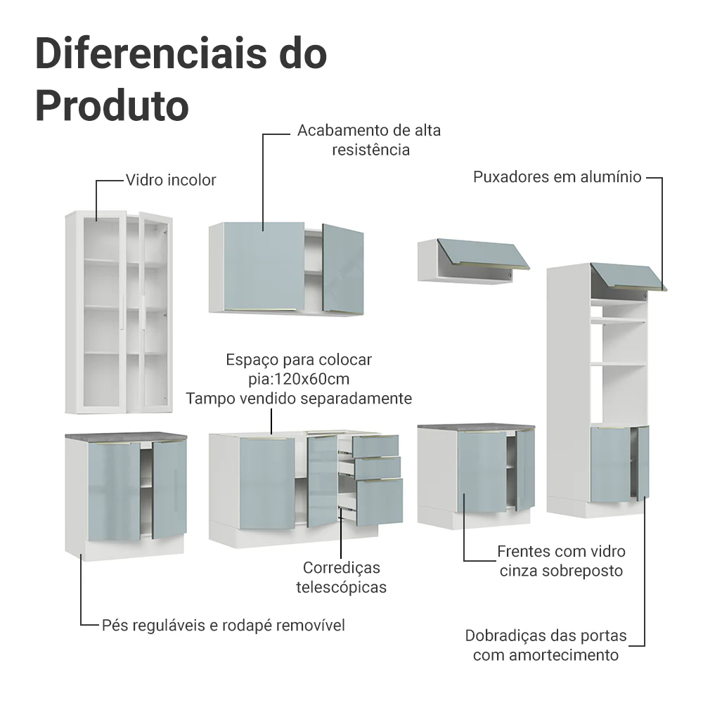 Armário de Cozinha Completa 340 x 60 cm Branco/Cinza Lux Madesa 02 - Image 5