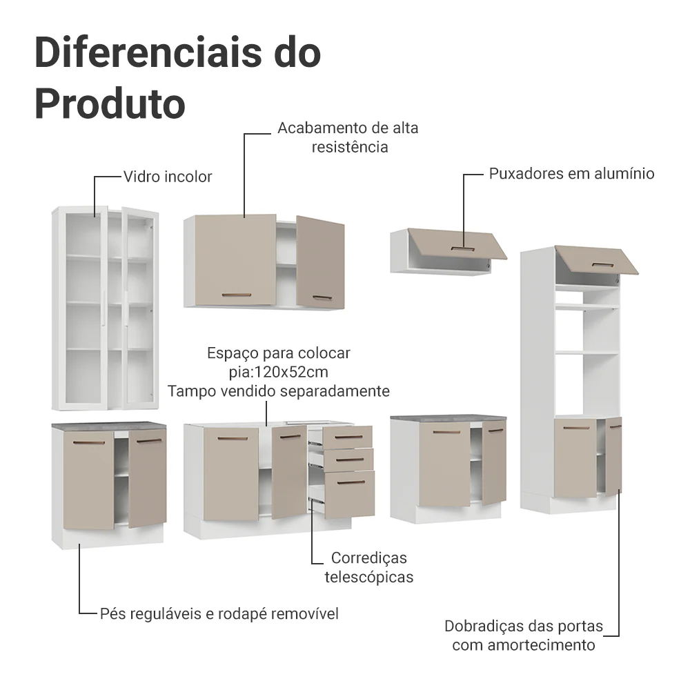 Armário de Cozinha Completa 340cm Branco/Crema Agata Madesa 01 - Image 5