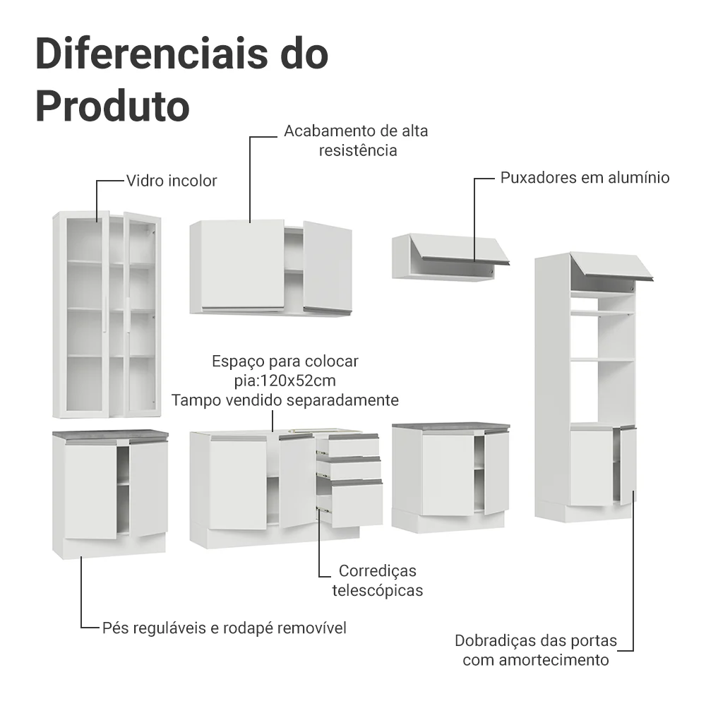Armário de Cozinha Completa 340cm Branco Glamy Madesa 01 - Image 5