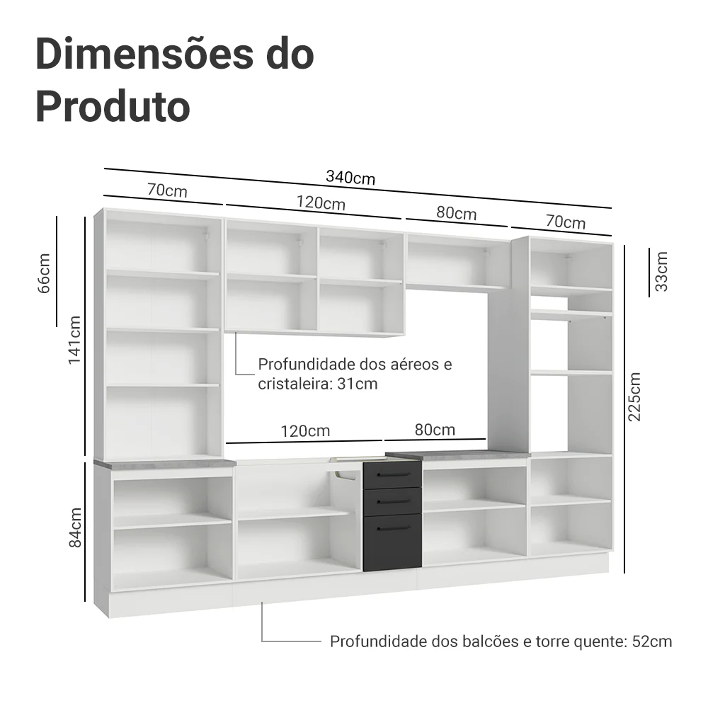 Armário de Cozinha Completa 340cm Branco/Preto Agata Madesa 01 - Image 3