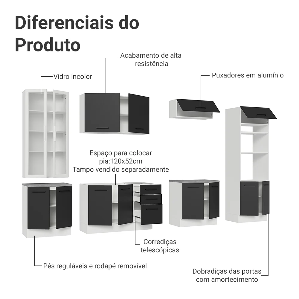 Armário de Cozinha Completa 340cm Branco/Preto Agata Madesa 01 - Image 5