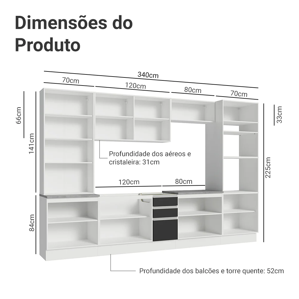 Armário de Cozinha Completa 340cm Branco/Preto Glamy Madesa 01 - Image 3