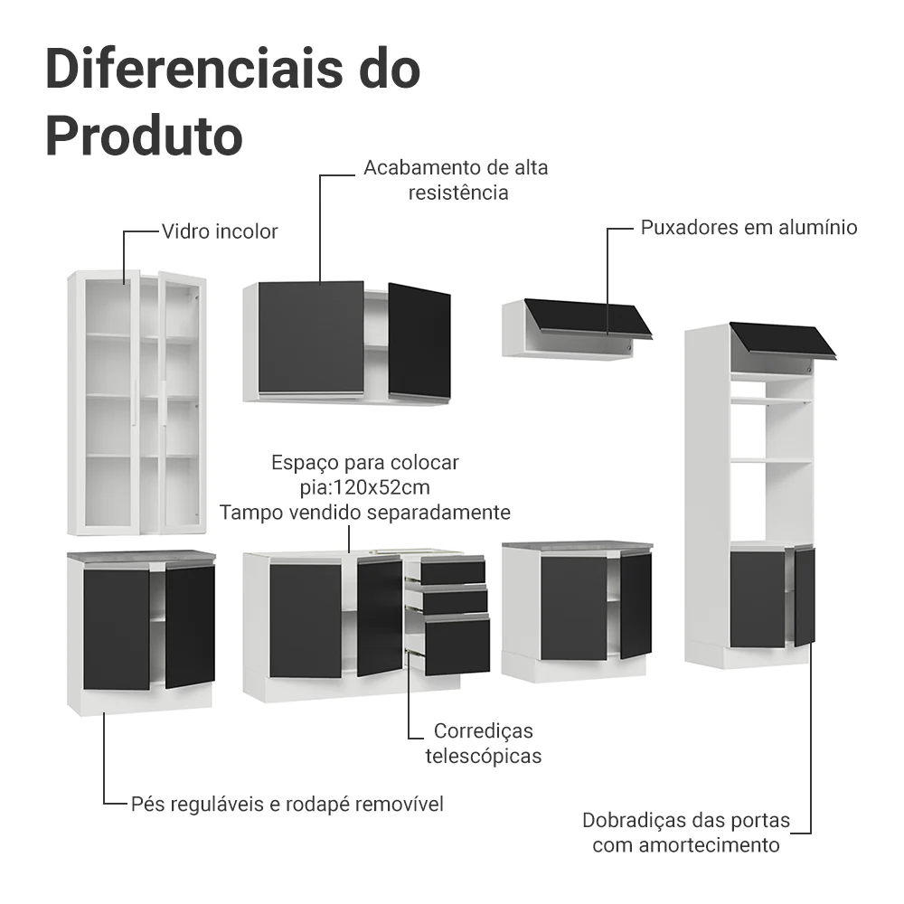 Armário de Cozinha Completa 340cm Branco/Preto Glamy Madesa 01 - Image 5