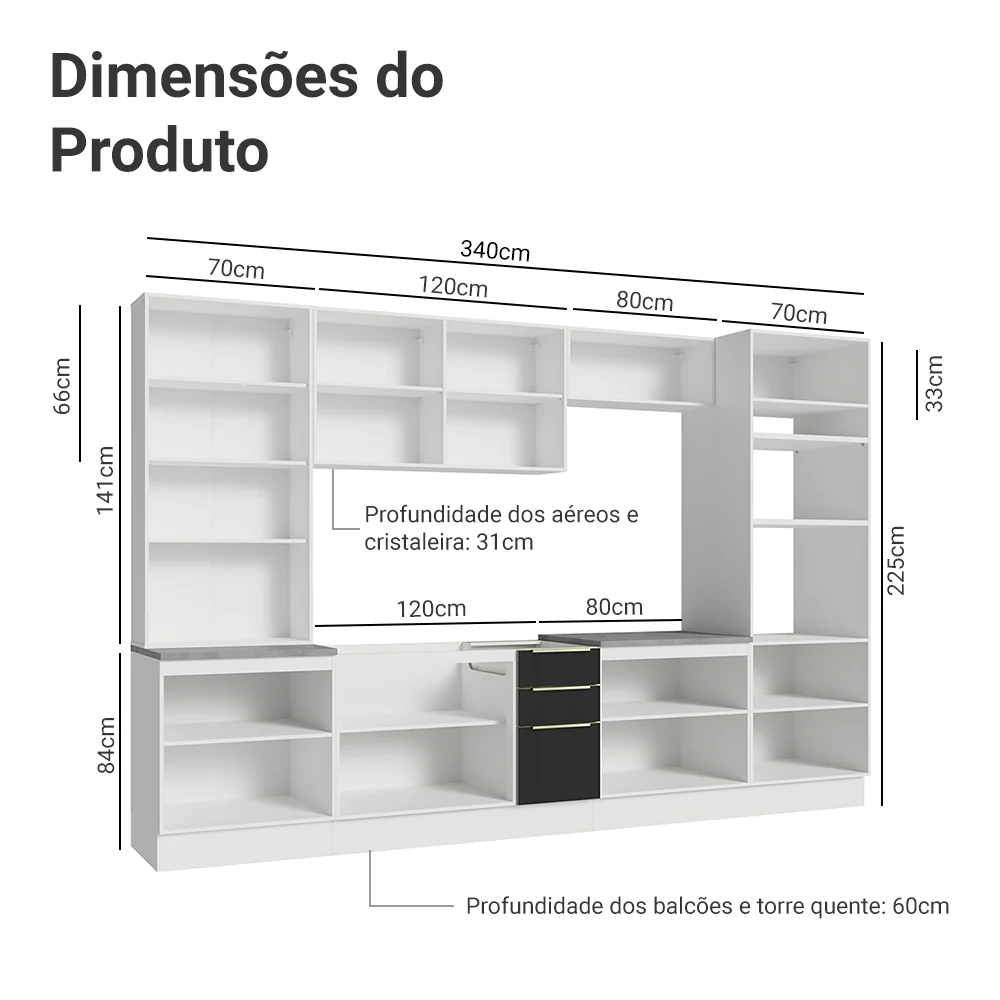 Armário de Cozinha Completa 340 x 60 cm Branco/Preto Lux Madesa 02 - Image 3