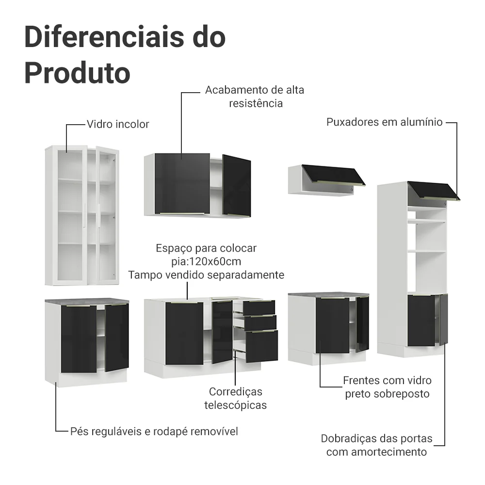 Armário de Cozinha Completa 340 x 60 cm Branco/Preto Lux Madesa 02 - Image 5