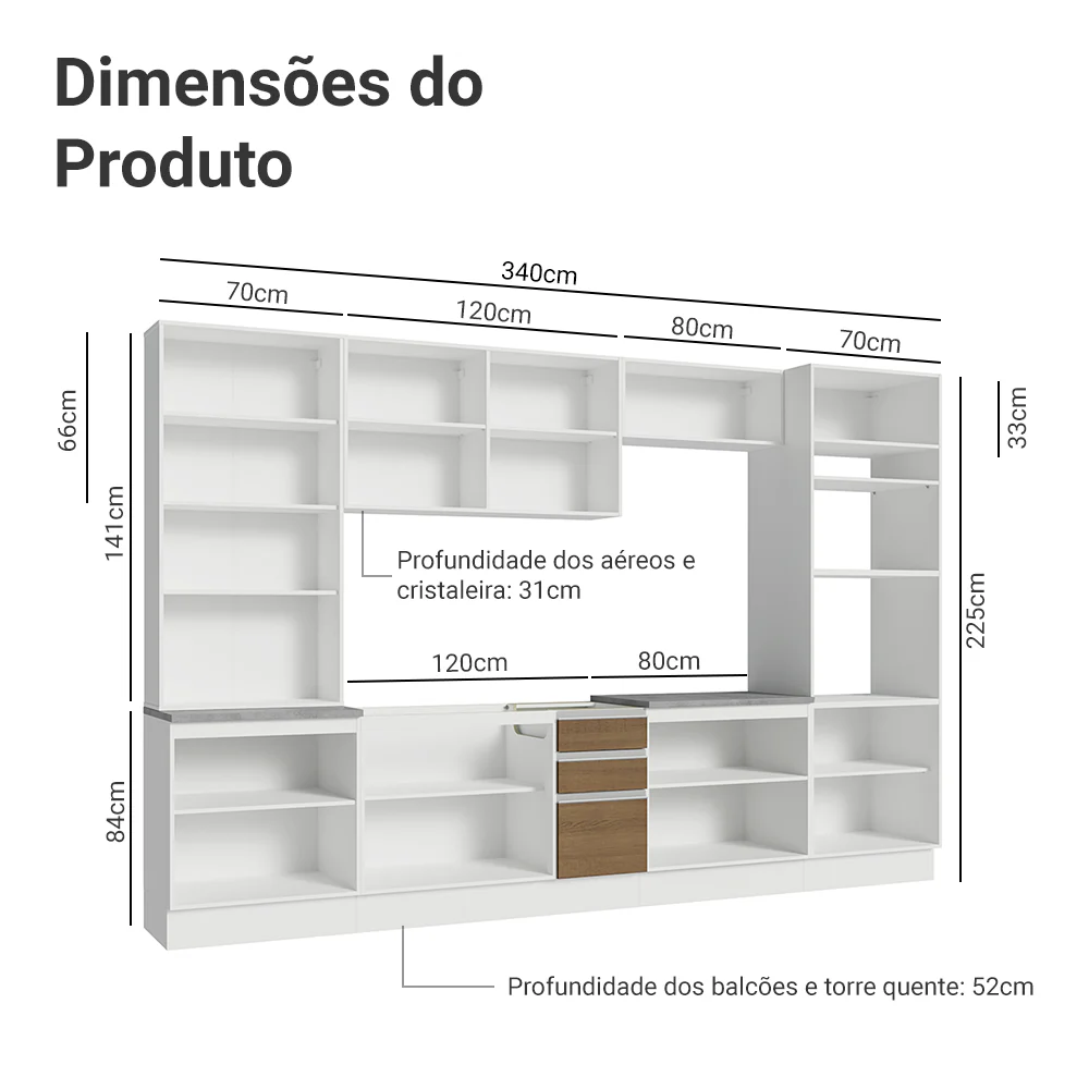 Armário de Cozinha Completa 340cm Branco/Rustic Glamy Madesa 01 - Image 3
