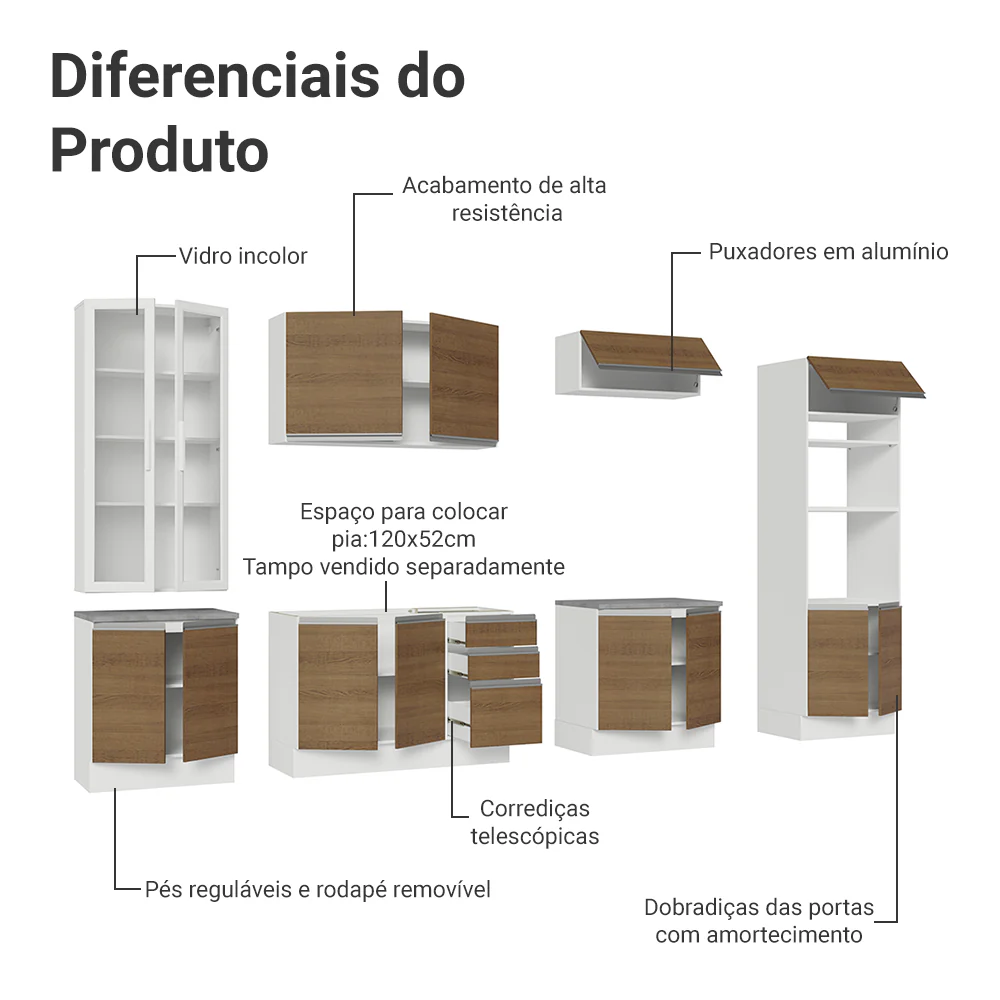 Armário de Cozinha Completa 340cm Branco/Rustic Glamy Madesa 01 - Image 5