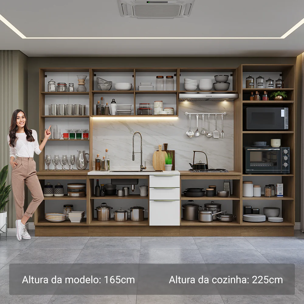 Armário de Cozinha Completa 340 x 60 cm Rustic/Branco Veludo Lux Madesa 02 - Image 4