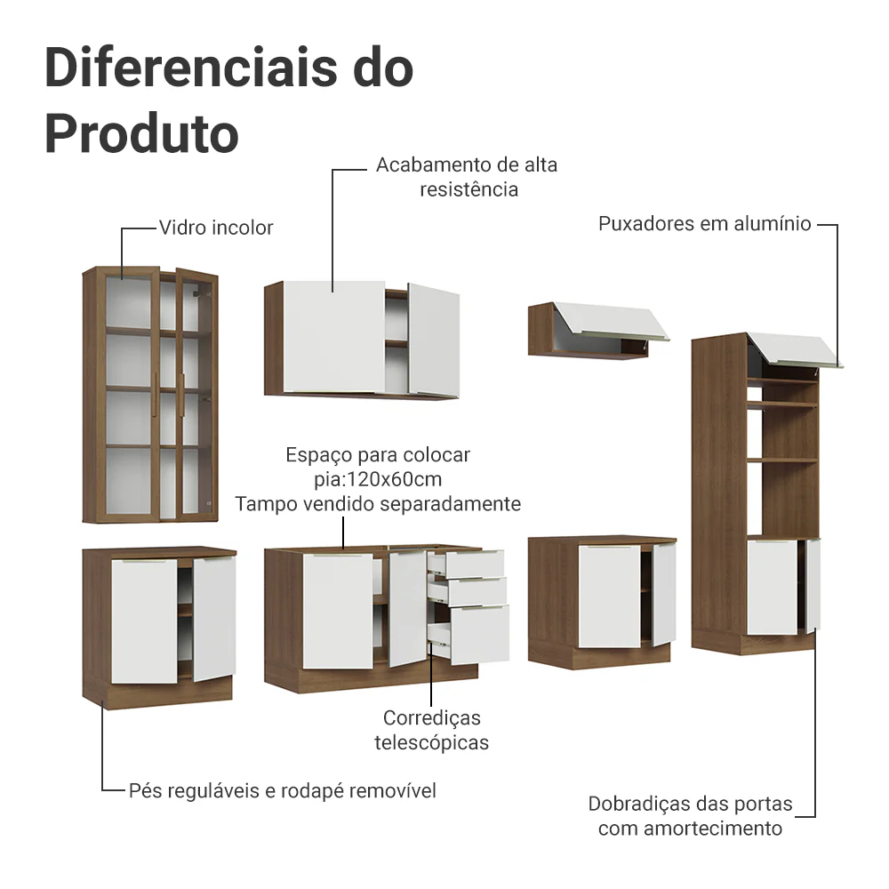 Armário de Cozinha Completa 340 x 60 cm Rustic/Branco Veludo Lux Madesa 02 - Image 5