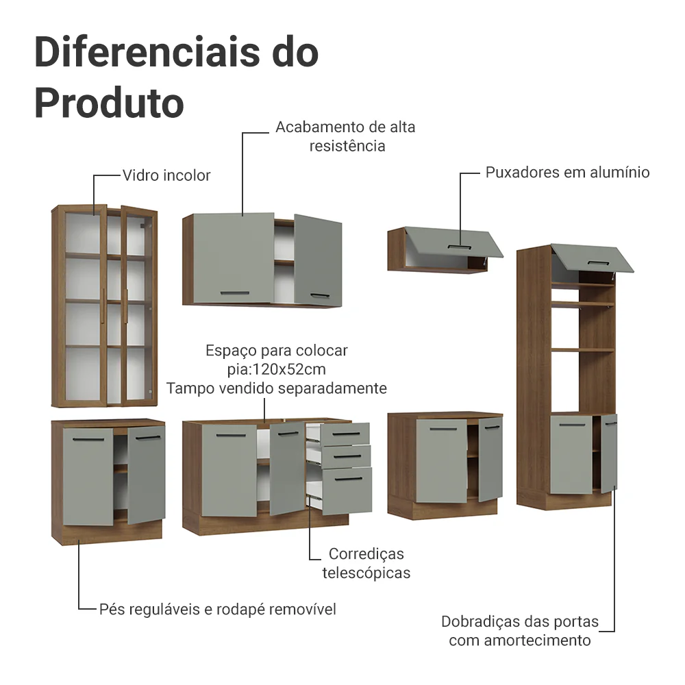 Armário de Cozinha Completa 340cm Rustic/Cinza Agata Madesa 01 - Image 5