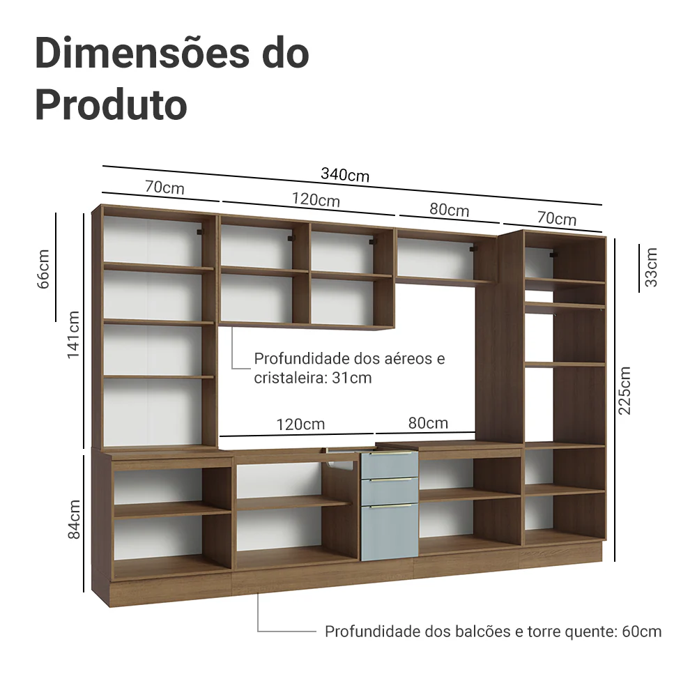 Armário de Cozinha Completa 340 x 60 cm Rustic/Cinza Lux Madesa 02 - Image 3