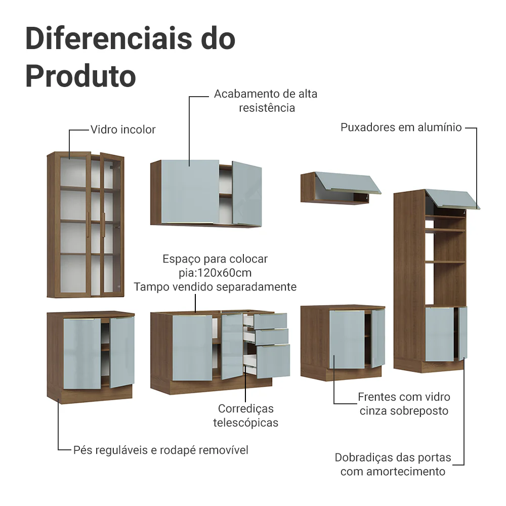 Armário de Cozinha Completa 340 x 60 cm Rustic/Cinza Lux Madesa 02 - Image 5