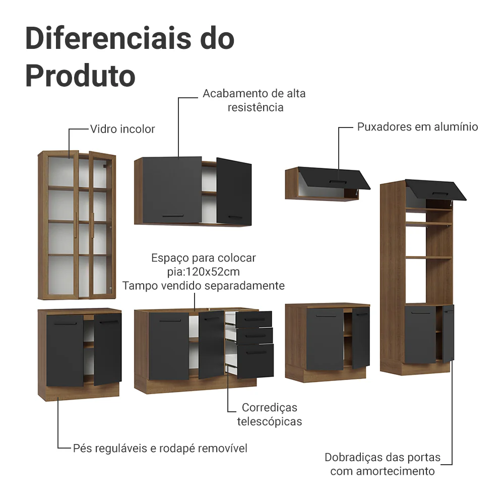 Armário de Cozinha Completa 340cm Rustic/Preto Agata Madesa 01 - Image 5