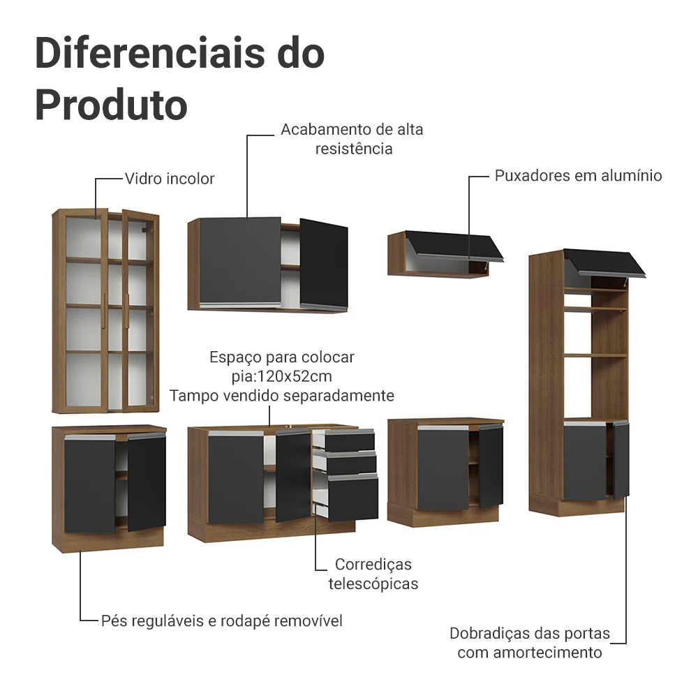 Armário de Cozinha Completa 340cm Rustic/Preto Glamy Madesa 01 - Image 5