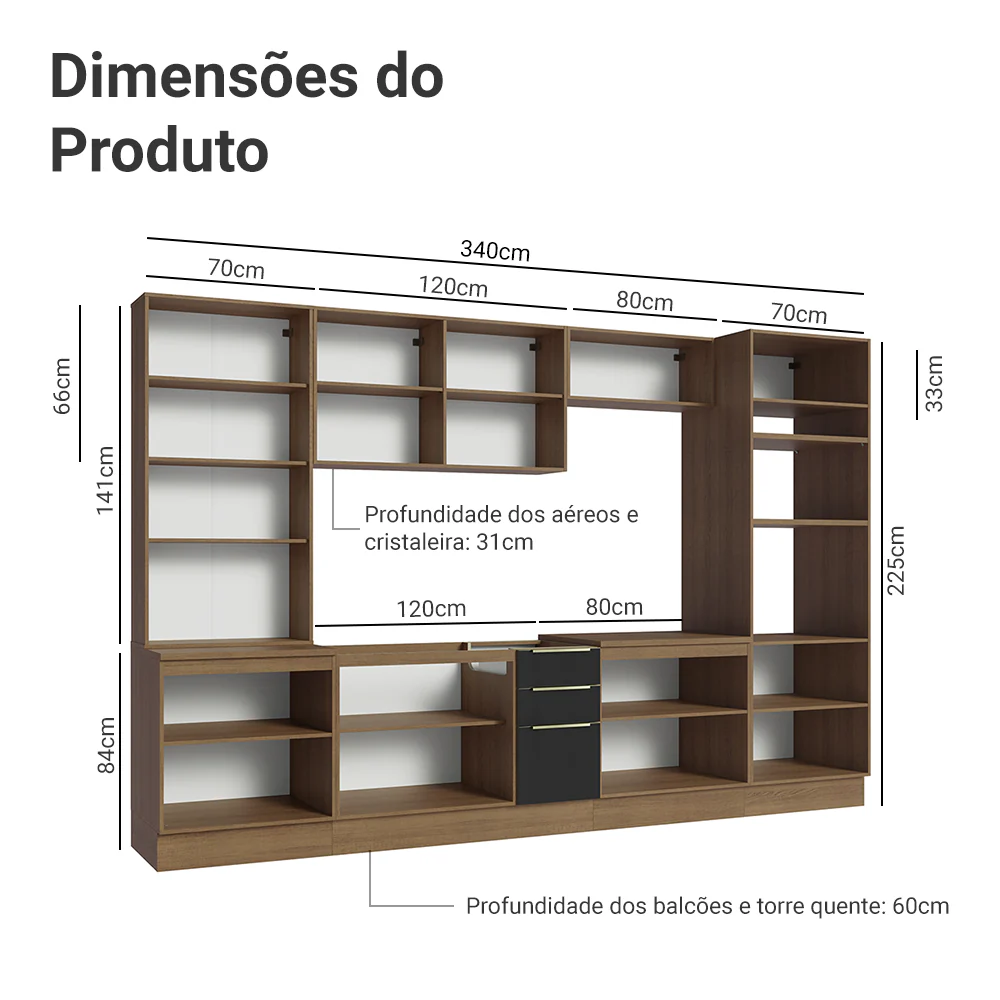 Armário de Cozinha Completa 340 x 60 cm Rustic/Preto Lux Madesa 02 - Image 3