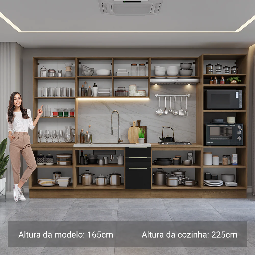 Armário de Cozinha Completa 340 x 60 cm Rustic/Preto Lux Madesa 02 - Image 4