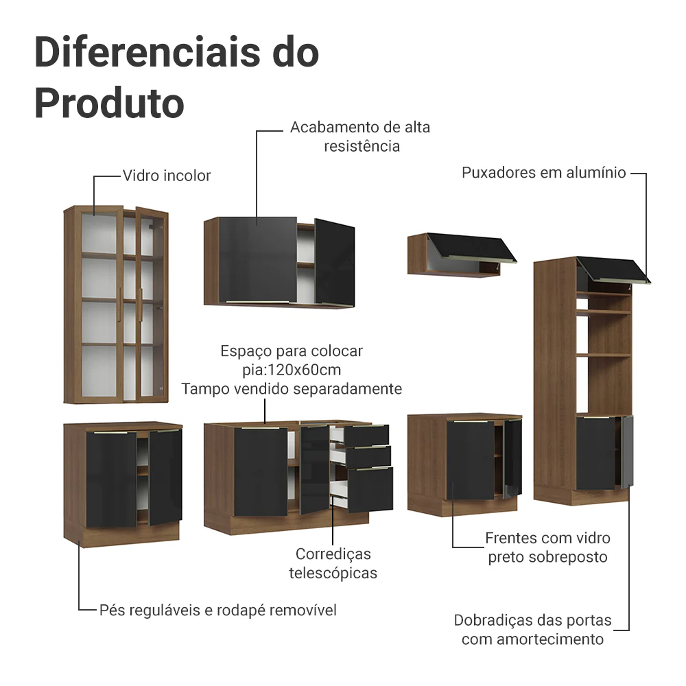 Armário de Cozinha Completa 340 x 60 cm Rustic/Preto Lux Madesa 02 - Image 5