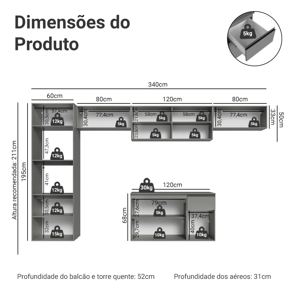 Armário de Cozinha Completa 340cm Suspensa Cinza Nice Madesa 02 - Image 3