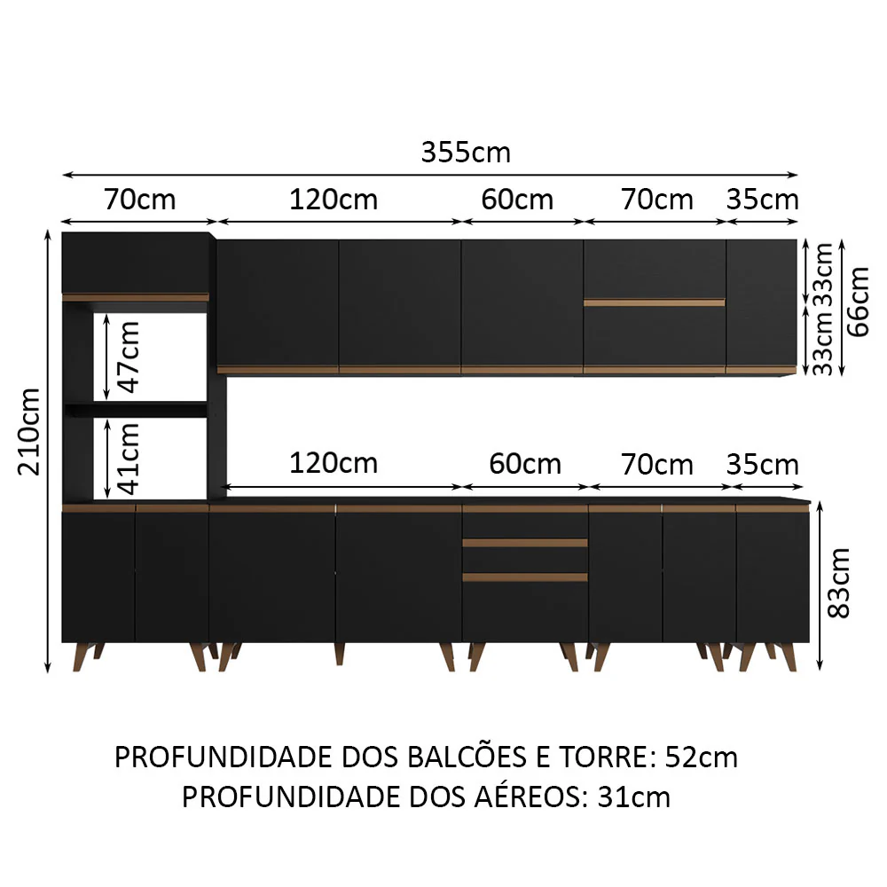 Armário de Cozinha Completa 355cm Preto Reims da Sabrina Madesa - Image 3