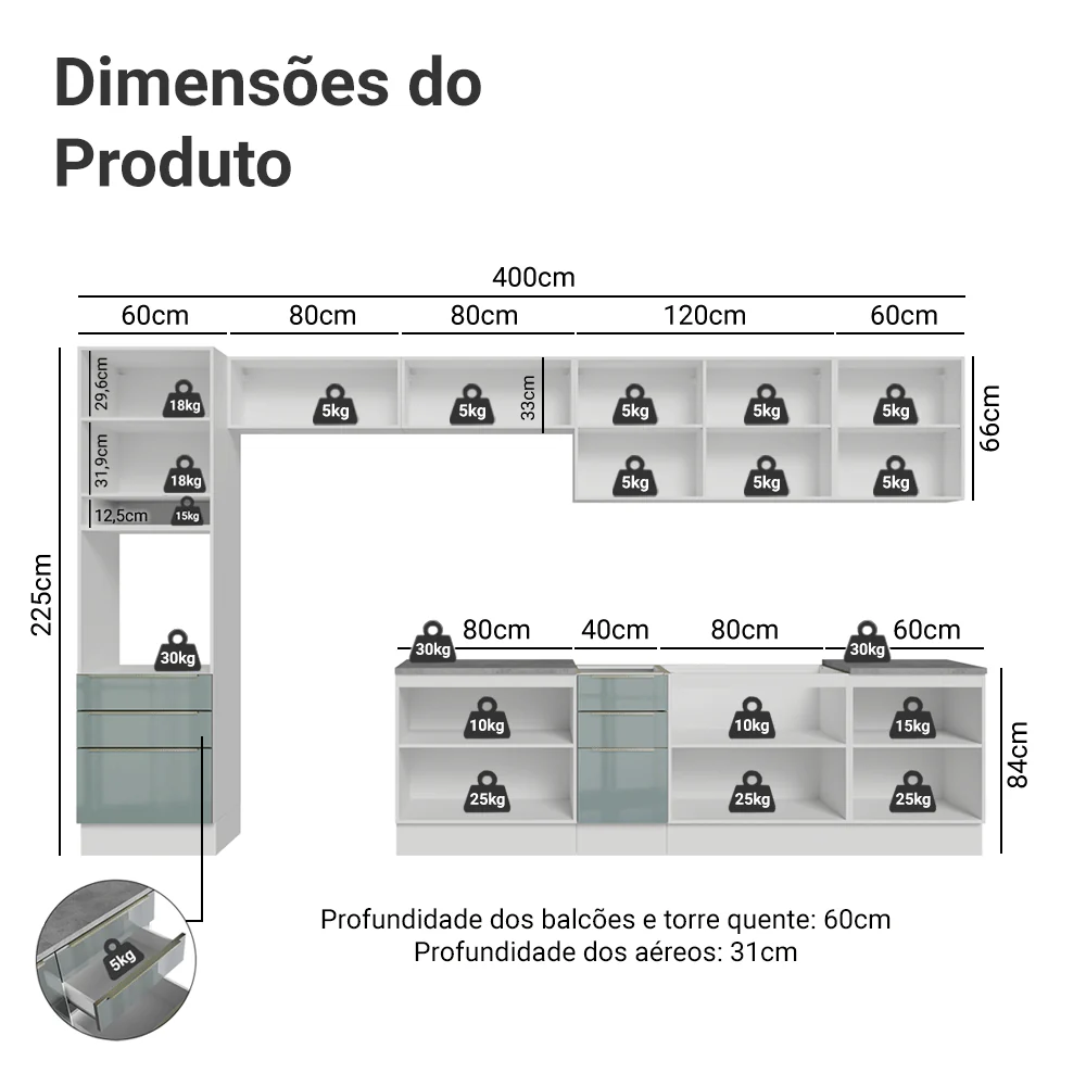Armário de Cozinha Completa 400 x 60 cm Branco/Cinza Lux da Thauane Madesa - Image 3