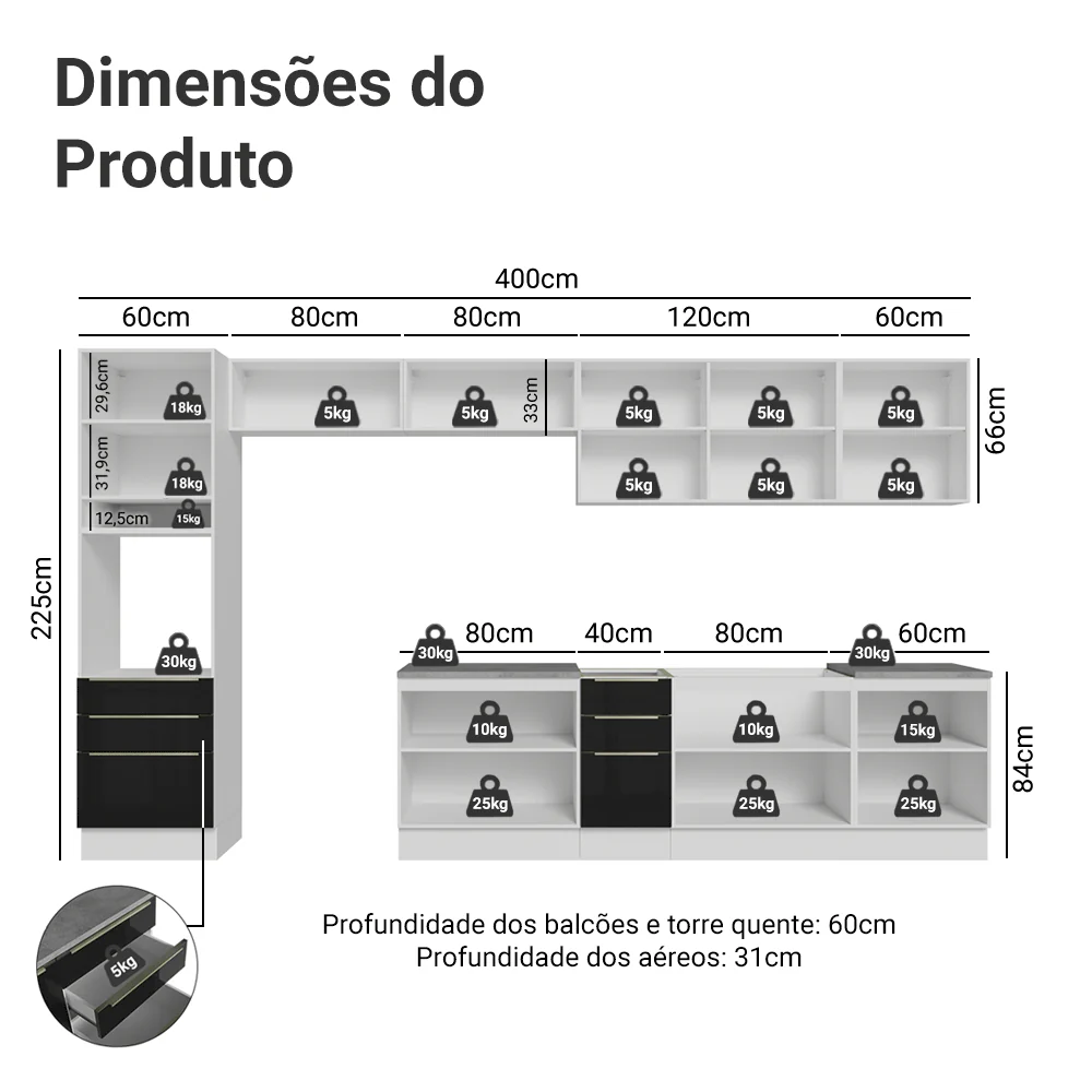 Armário de Cozinha Completa 400 x 60 cm Branco/Preto Lux da Thauane Madesa - Image 3