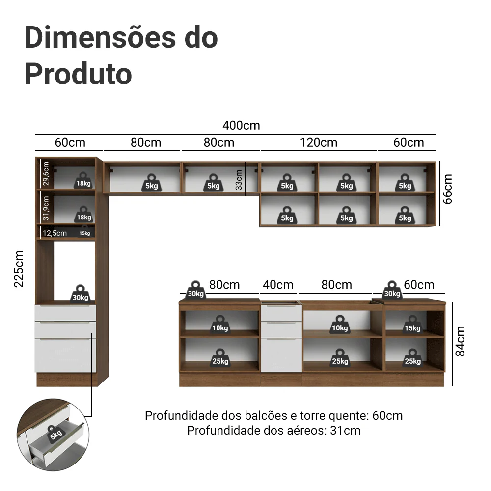 Armário de Cozinha Completa 400 x 60 cm Rustic/Branco Veludo Lux da Thauane Madesa - Image 3