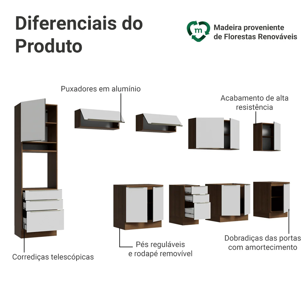 Armário de Cozinha Completa 400 x 60 cm Rustic/Branco Veludo Lux da Thauane Madesa - Image 4