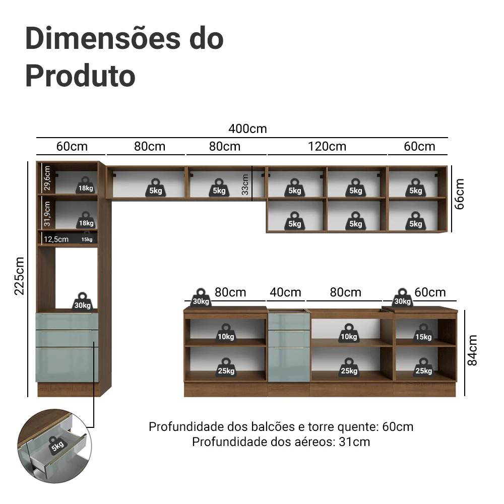 Armário de Cozinha Completa 400 x 60 cm Rustic/Cinza Lux da Thauane Madesa - Image 3