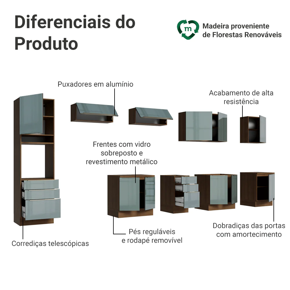 Armário de Cozinha Completa 400 x 60 cm Rustic/Cinza Lux da Thauane Madesa - Image 4