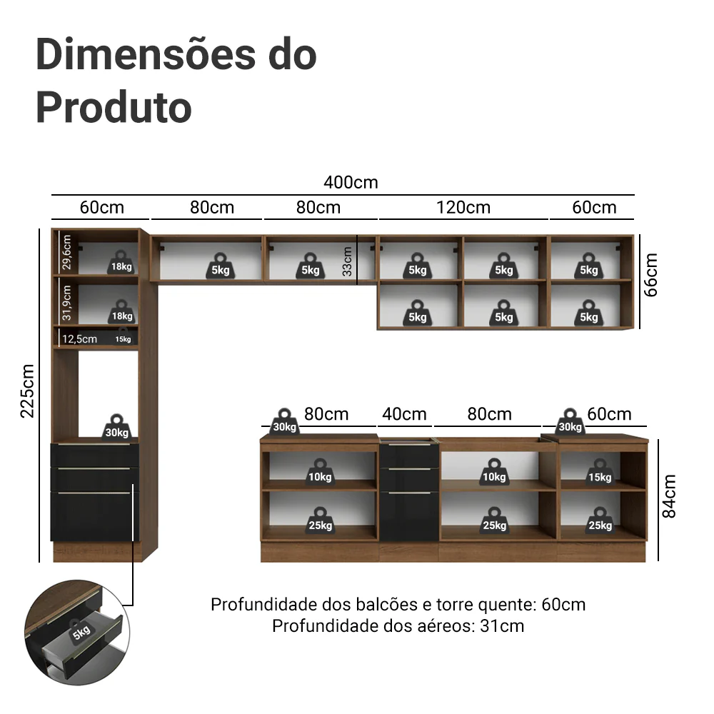 Armário de Cozinha Completa 400 x 60 cm Rustic/Preto Lux da Thauane Madesa - Image 3