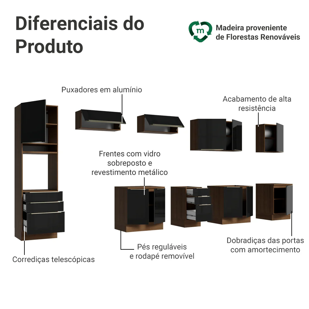 Armário de Cozinha Completa 400 x 60 cm Rustic/Preto Lux da Thauane Madesa - Image 4