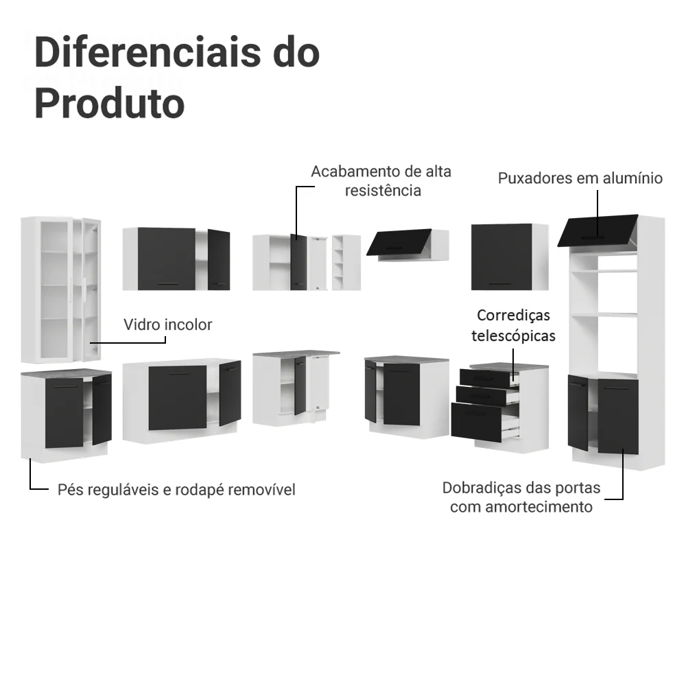 Armário de Cozinha Completa 549cm Branco/Preto Agata Madesa 01 - Image 4