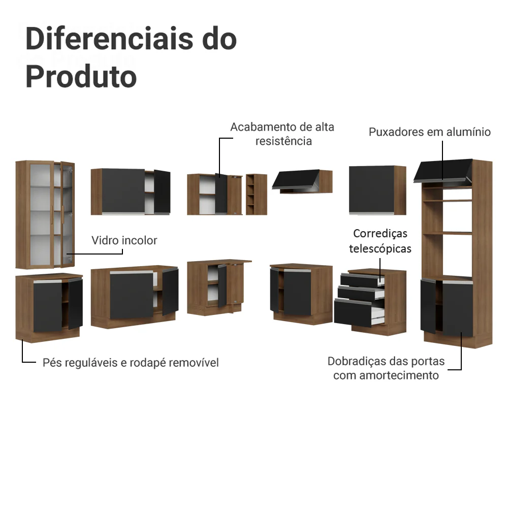 Armário de Cozinha Completa 549cm Rustic/Preto Glamy Madesa 01 - Image 4